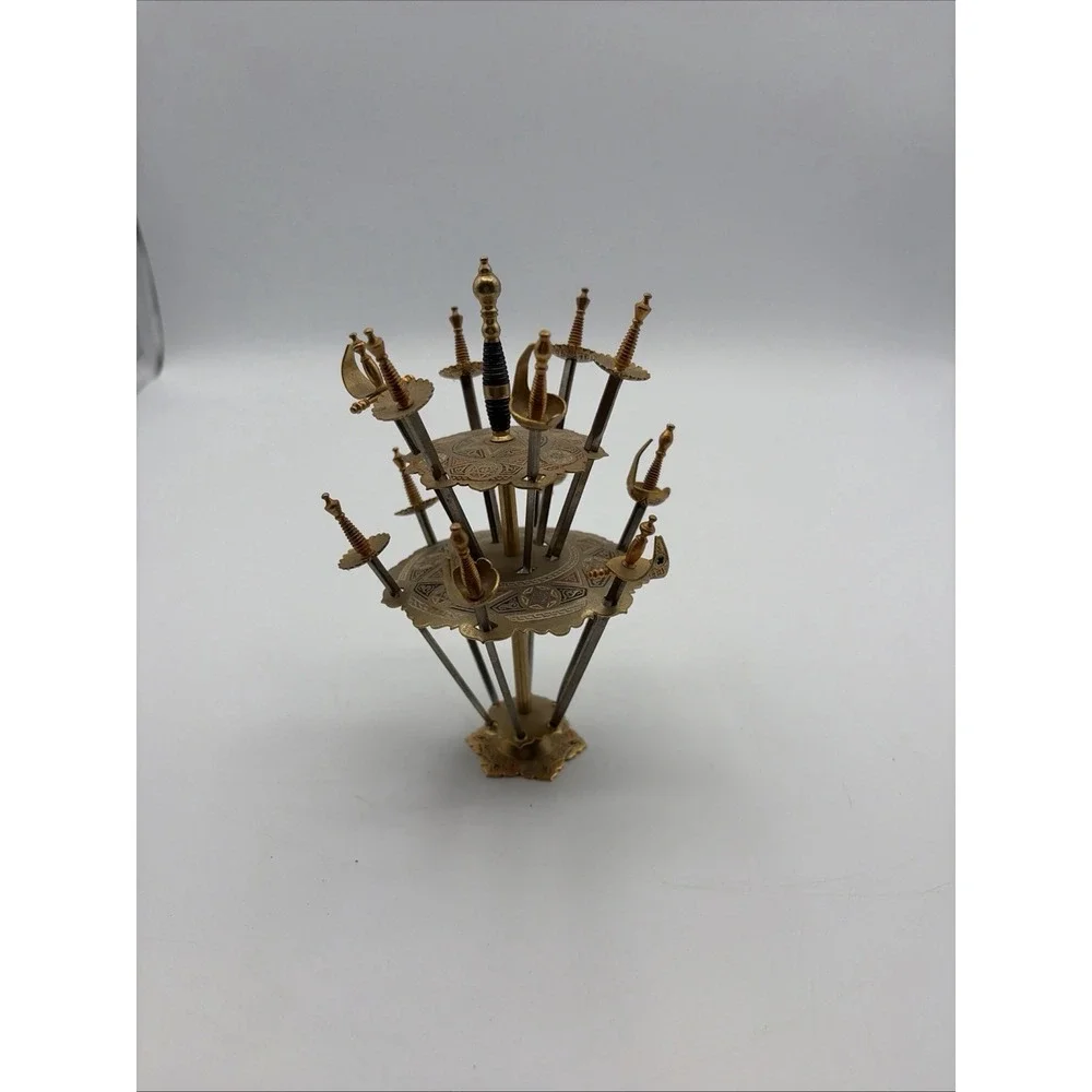 Vintage Toledo Spain Appetizer Swords Set of 12 Brass Cocktail Picks Stand